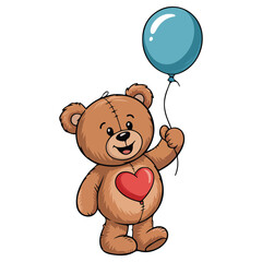 Cute teddy bear holding red heart shaped balloon isolated vector illustration on white background