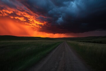 Fototapeta premium Dramatic sunset over a country road. Storm clouds loom