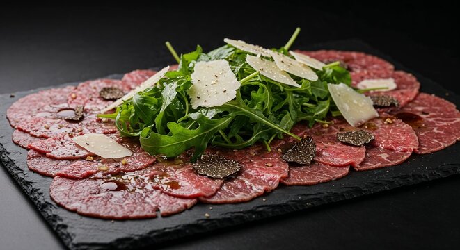 Wagyu Beef Carpaccio with arugula and parmesan for upscale restaurant menus, gourmet food blogs, luxury catering websites, and fine dining promotional materials