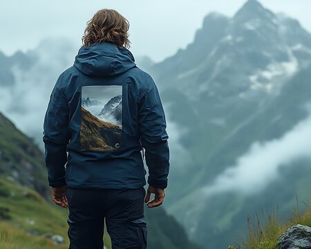 Man in jacket with mountain landscape print, standing in mountains.