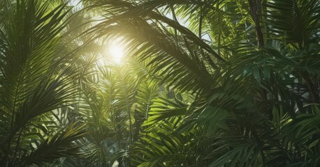 Vibrant green palm fronds, sunlight dappled, lush texture ,  leaf,  macro