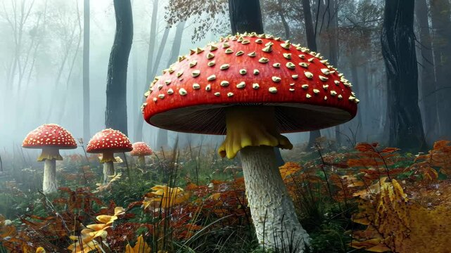 Enchanted forest of amanita muscaria mushrooms emerging through fog, Amanita muscaria mushroom forest fog, ai generated