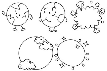Cute cartoon characters represent Earth various playful poses, showcasing joyful and vibrant atmosphere. illustrations