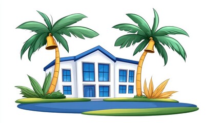 Fototapeta premium White Tropical House with Blue Roof and Palm Trees