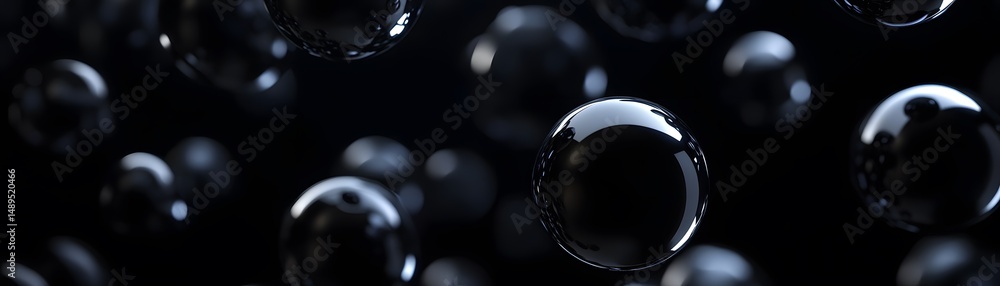 Poster dark, glossy spheres floating in a deep black space.