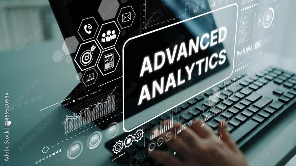 Poster Professional Hands Engaging with Advanced Analytics Technology on Modern Computer Screen Displaying Data Visualization Graphics. Asymptotic smart data analytic.