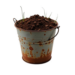 Rustic Charm, A Metal Bucket Overflowing with Rich Soil and Emerging Green Sprouts Against a Clean Isolation