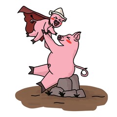 Cartoon Pig Father Lifting Superhero Piglet