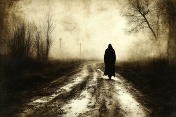 Grim figure walks a muddy path