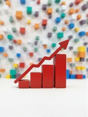 A rising red bar chart with colorful shapes in background.