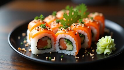 Delicious Sushi Roll on Elegant Black Plate – High-Resolution Japanese Cuisine Image for Restaurant, Menu, and Food Presentation Concepts