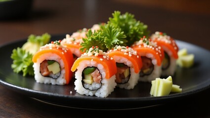 Delicious Sushi Roll on Elegant Black Plate – High-Resolution Japanese Cuisine Image for Restaurant, Menu, and Food Presentation Concepts