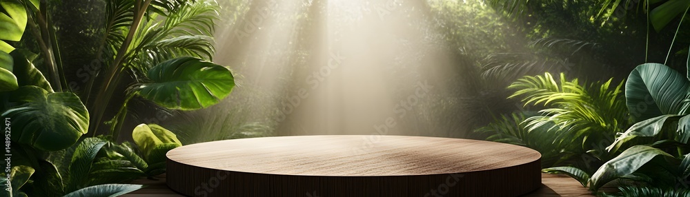 Poster lush jungle setting with a wooden display platform.