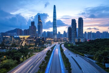 Fototapeta premium Guangzhou Skyline Dusk: Cityscape and Highway