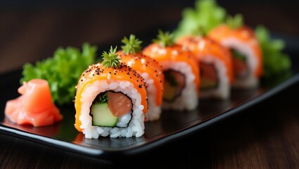 Delicious Sushi Roll on Elegant Black Plate – High-Resolution Japanese Cuisine Image for Restaurant, Menu, and Food Presentation Concepts