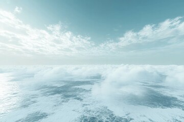 Obraz premium A serene, high-altitude view of a vast expanse of fluffy, white clouds, with a light, hazy sky. Soft, pastel colors create a peaceful atmosphere