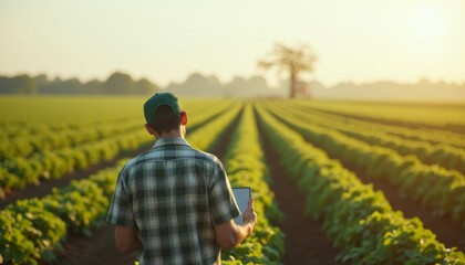 Fototapeta premium Farmer Using Smartphone in Green Farm Field
