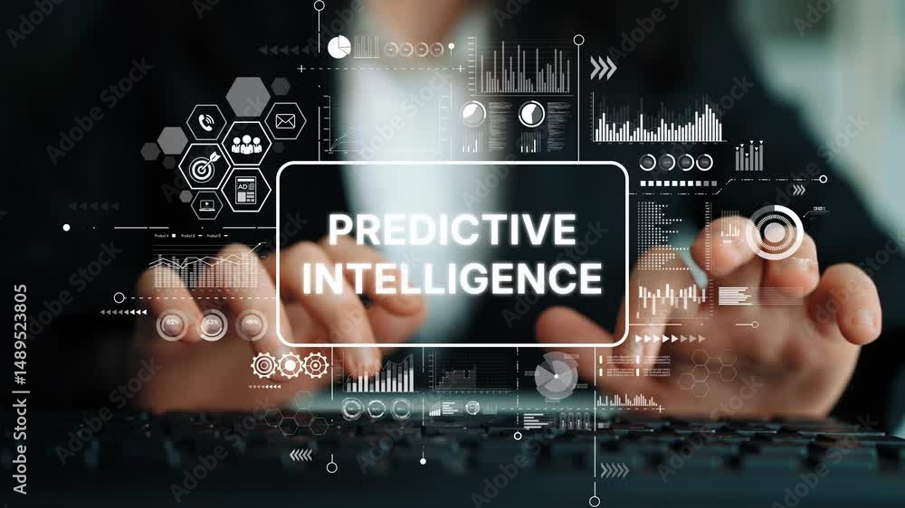 Poster Hands Typing on Keyboard with Predictive Intelligence Technology and Data Analytics Graphs Displayed on Screen. Asymptotic smart data analytic.