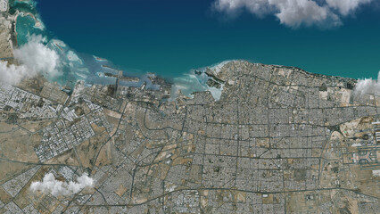 Naklejka premium Jeddah Satellite City Map Aerial View with Cloud Overlay, No Labels