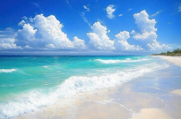 Obraz premium Sunny day at a pristine beach with turquoise waves gently crashing onto white sandy shore under a vibrant blue sky with fluffy white clouds