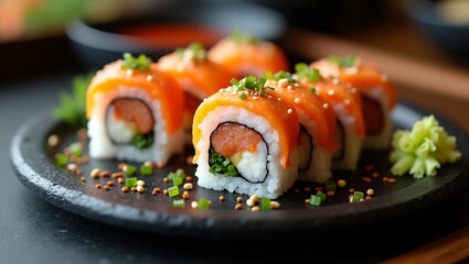 Delicious Sushi Roll on Elegant Black Plate – High-Resolution Japanese Cuisine Image for Restaurant, Menu, and Food Presentation Concepts