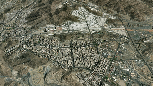 Mecca Mina Realistic City Map High Resolution Aerial Perspective Image