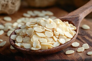 Close-up of a wooden spoon filled with small pale yellow almond slices resting on a wooden surface scattered with more almond slices