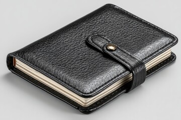 A black leather notebook with elastic band, isolated on clean white surface