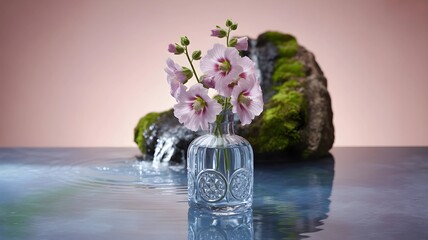 spring flowers in vase, Beautiful pink and green flowers in a vase on a table