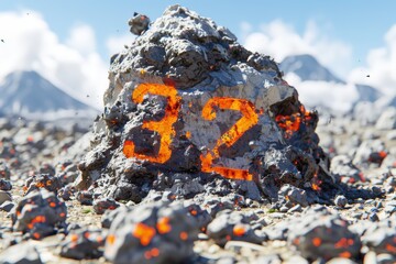 Obraz premium A rocky mound with glowing lava and the number 32 etched in its surface, surrounded by volcanic debris in a mountainous landscape.