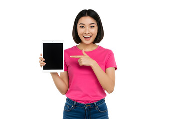 Naklejka premium Woman Pointing to Tablet Screen with Cheerful Expression