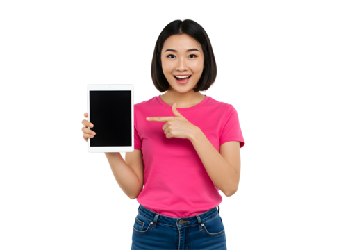 Woman Pointing to Tablet Screen with Cheerful Expression