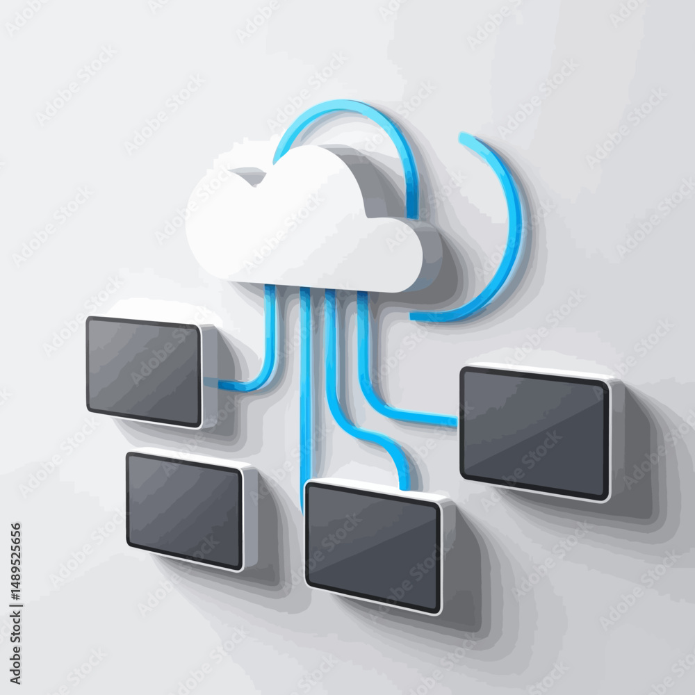 Poster cloud computing network with four connected devices blue lines