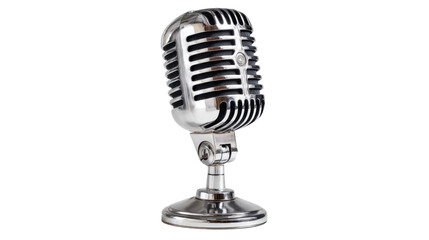 Fototapeta premium A close-up shot of a classic chrome microphone stands in the spotlight, its iconic design and vintage aesthetic evoke a sense of nostalgia and professionalism.