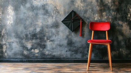 Red chair and graduation cap against dark wall education and achievement concept