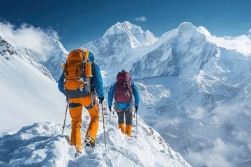 Two climbers in colorful winter gear trekking snowy mountain ridge with towering snow-covered peaks under clear blue sky