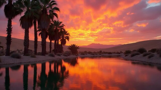 Palm trees reflecting in water under a vibrant sky at sunset near desert dunes