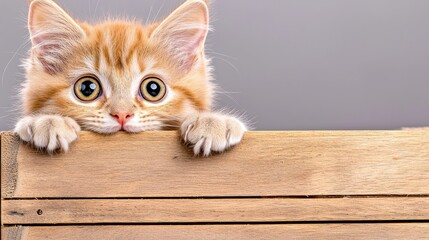 Curious kitten peeking over a wooden surface.