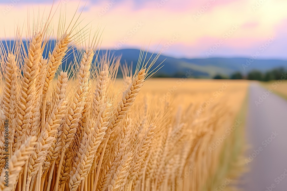Poster wheat field with soft colors and distant mountains under a cloudy sky.
