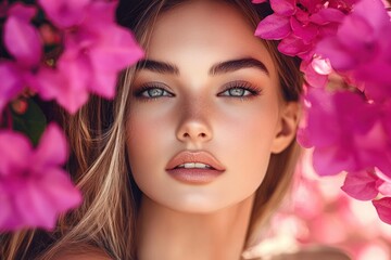 Naklejka premium Close-up portrait of a young woman with piercing blue eyes and natural makeup framed by vibrant pink flowers, conveying a serene and captivating expression