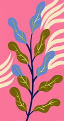 Abstract Floral Illustration: Blue and Green Leaves on Pink Background