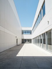 Obraz premium A sky walk surrounded by white buildings and large glass windows.