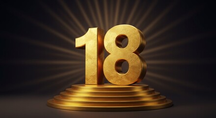 Golden number eighteen on pedestal shining bright against a dark background