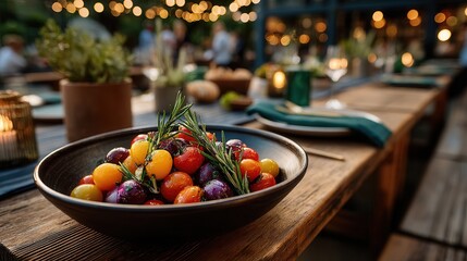Naklejka premium Elegant colorful marinated olives with rosemary in rustic ceramic bowl on wooden table at outdoor restaurant with warm ambient string lights and evening atmosphere