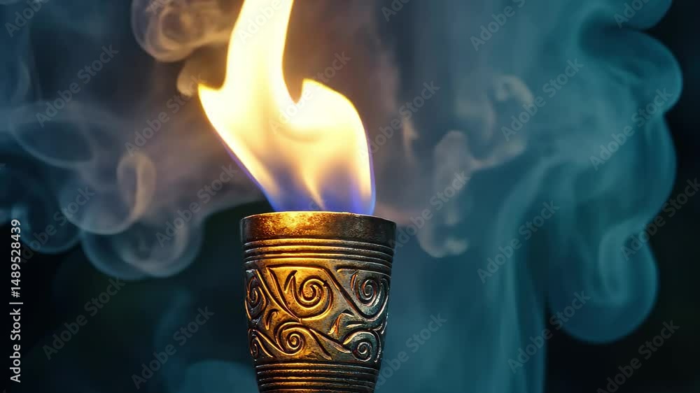 Poster closeup of intricately designed torch emitting bright flame with smoke in a dark setting at night, c