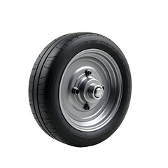 Sharp and realistic wheel rendering featuring detailed tread and a polished silver rim against a uniform setting