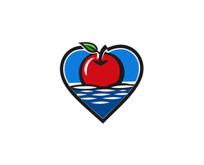 Fototapeta premium Red apple in heart shape with blue water background design 