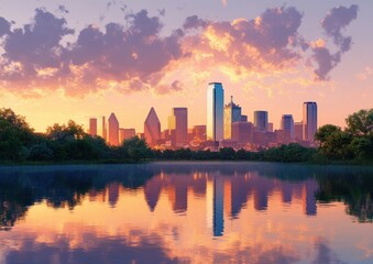 Fototapeta premium City skyline at sunset reflected on a calm body of water with surrounded greenery and dramatic colorful clouds overhead
