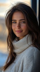 Fototapeta premium Close-up portrait of a smiling woman with long brown hair, wearing a cream-colored turtleneck sweater