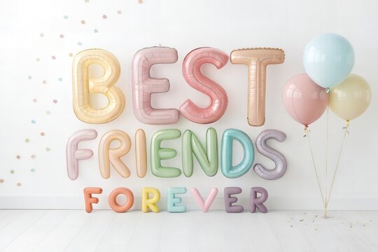 Best friends forever balloon letters with pastel balloons on white wall